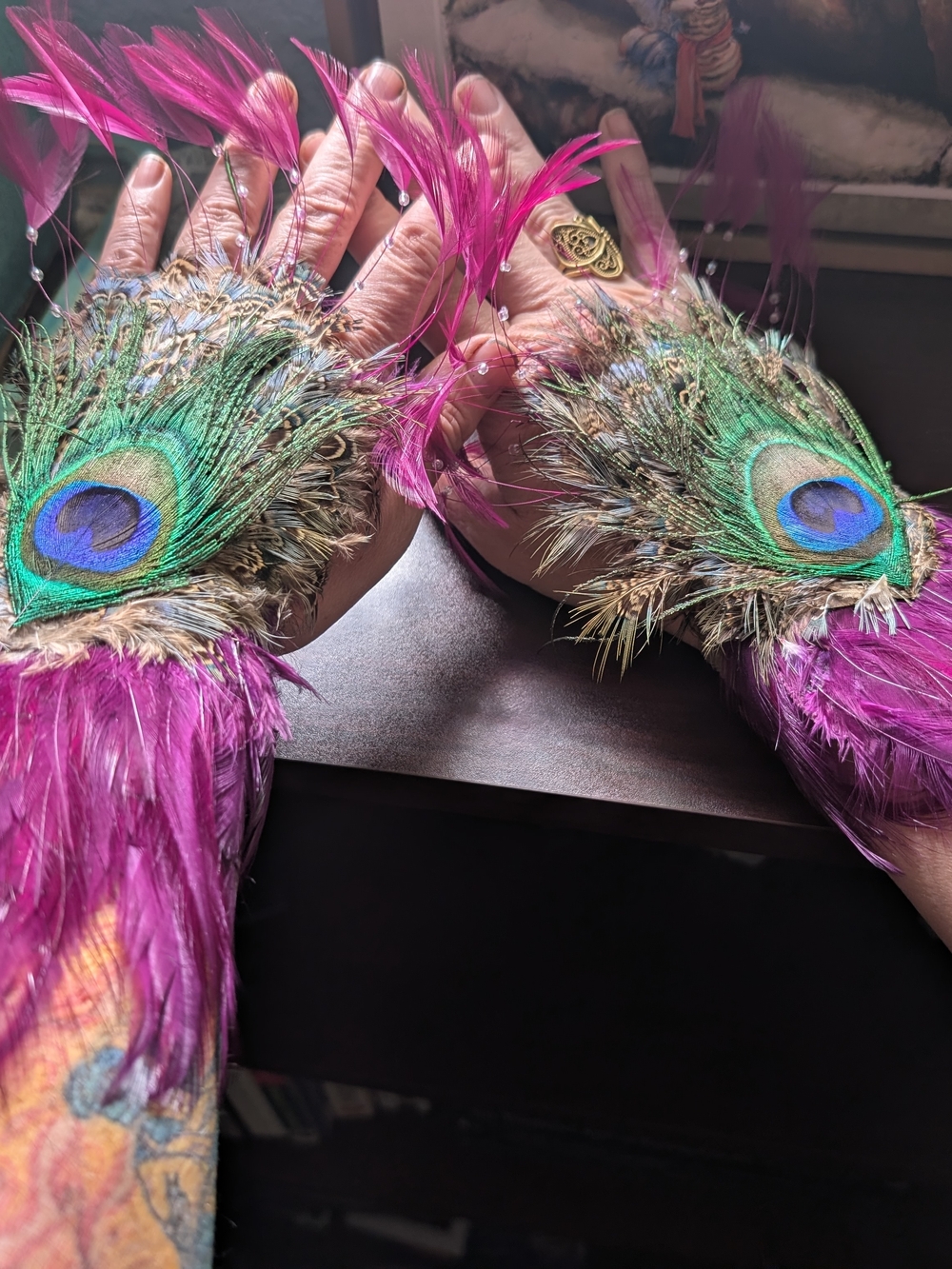 Peacock Feather Wrist Cuffs with Magenta Feathers